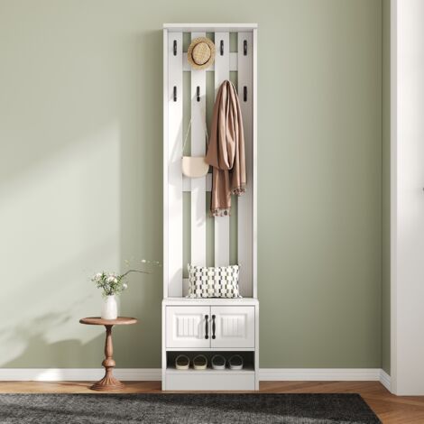 Mobile da ingresso 50x36x190 cm - con panca porta scarpe, 2 ante, pannello posteriore con 8 ganci - Bianco
