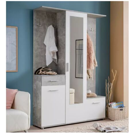 BELLAHOME mobile da ingresso "barcellona" con specchio effetto cemento e bianco 133x33x197 cm