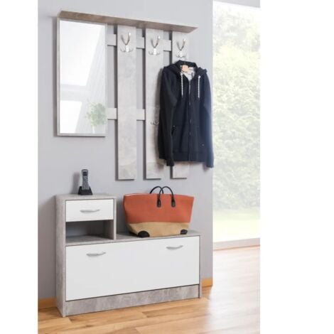 mobile da ingresso bellahome con specchio e appendiabiti effetto cemento e bianco 100x25x180 cm