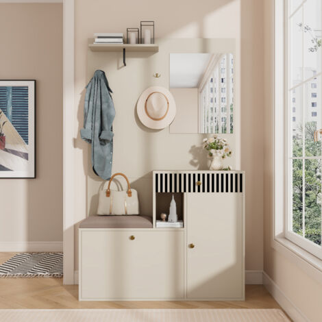 Mobile da ingresso con armadio, ganci, specchio e cuscino, -  Mobile da ingresso con  elemento a parete, ripiano - 110x37x185 cm - Beige