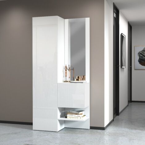 Mobile da ingresso con specchio e scarpiera Poket in Bianco Lucido