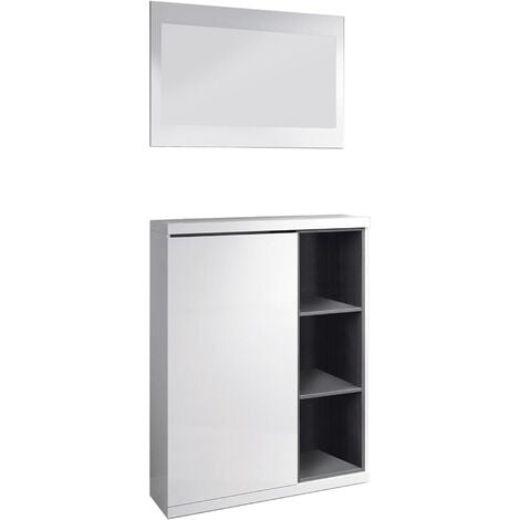 Mobile da ingresso Dner, Scarpiera multifunzione con specchio, Armadio a 1  anta e 1 cassetto, 61x28h185 cm, Cemento e Bianco lucido