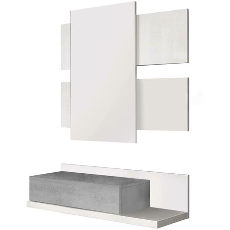 Mobile da ingresso Erie, Entratina sospesa con specchio, Mobile con cassetto per entrata, cm 75x29h90, Bianco e Cemento