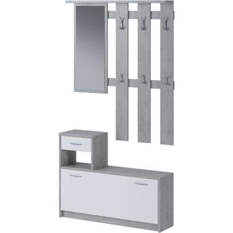 Mobile da ingresso Sargassi, Entratina appendiabiti, Composizione per atrio, Consolle portaoggetti multifunzione, 100x26h190 cm, Bianco e Cemento