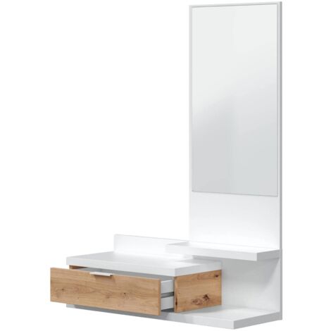 Mobile da ingresso Tijuana, Entratina con specchio e cassetto, Svuotatasche per atrio di piccoli appartamenti, 81x29h116 cm, Bianco e Rovere nodi