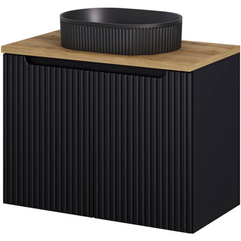 Mobile da Parete Sottolavabo NEWPORT a 2 Ante con Lavabo Ovale 80x71x40 cm - Nero/Effetto Rovere [en.casa]