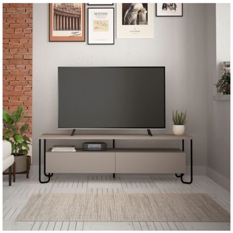 Mobile da Sala Porta TV in Legno Due Ante a Ribalta Tortora Piedi in Metallo