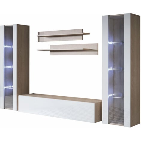 Mobile da Soggiorno con LED  Mobile TV Parete  Composizione Set Salotto  220cm  Modello Luke 8E  Sonoma Opaco e Bianco Finitura Lucida