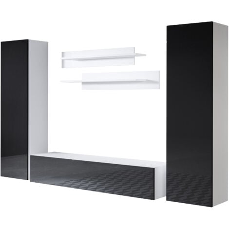 Mobile da Soggiorno  Mobile TV Parete  Composizione Set Salotto  220cm  Modello Luke 7C  Bianco e Nero Finitura Lucida