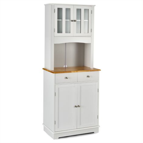 Mobile dispensa da cucina autoportante con piano in legno regolabile, Credenza e 2 cassetti con ante in vetro Bianco