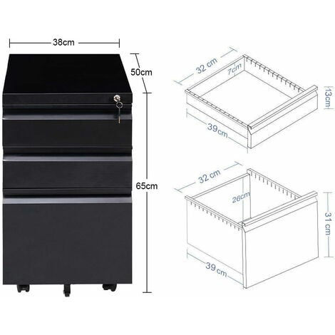 Mobile File Cabinet 3 Pedestal Drawers Filing A4 Storage Lockable Casters Office