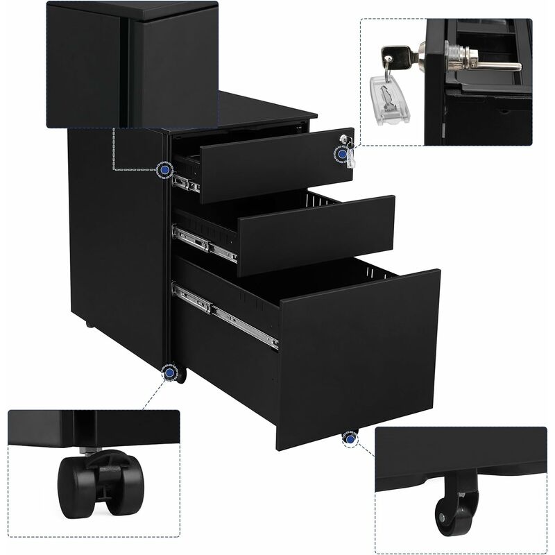 Mobile File Cabinet With 3 Drawers Lockable Steel Pedestal With Suspension File Hanging Rails Fully Assembled Except Casters Black Ofc60bk