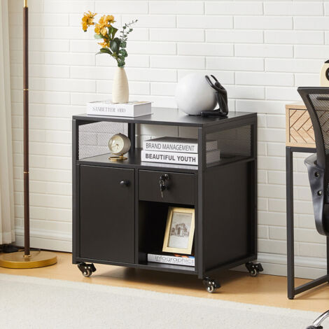 Mobile File Cabinet with Charging Station, Wooden Rolling Office Filing Cabinet with Lockable Drawer Lateral Stationery Storage for Home Office Black