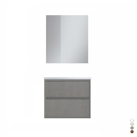Mobile in materiale nobilitato melaminico. Base sospesa con 2 cassetti con apertura a gola L 70 x  P 46 x H 50 cm    . Lavabo in ceramica cm. 70x46. Specchio a filo lucido L. 60xH.80 cm. Faretto led.(