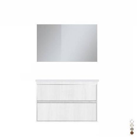 Mobile in materiale nobilitato melaminico. Base sospesa con 2 cassetti con apertura a gola L 80 x  P 46 x H 50 cm    . Lavabo in ceramica cm. 80x46. Specchio a filo lucido L. 80xH.60 cm. Faretto led.(