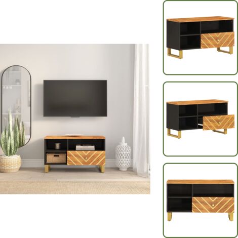 Mobile in MDF - vidaXL Mobile Porta TV Marrone e Nero 80x33,5x46 cm in Legno di Mango - Mobile con Gambe in Ferro