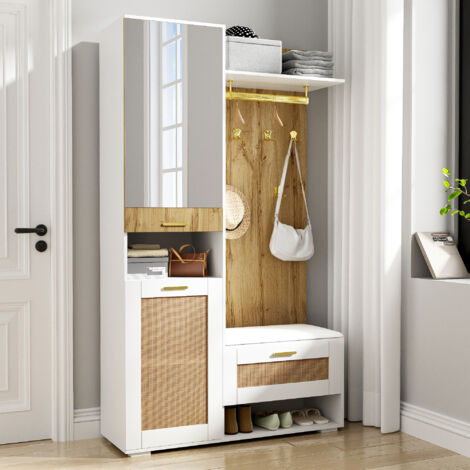 Mobile Ingresso 110x38x190 cm, Specchio Integrato, con Scarpiera, LED 16 Colori Regolabile, Panca Imbottita, Naturale e Bianco