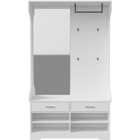 FORTUNA LAI Armadi da Multifunzione Bianco - con Grande Specchio - 2 Cassetti - Scarpiera - 4 Ganci e Asta Appendiabiti ingresso