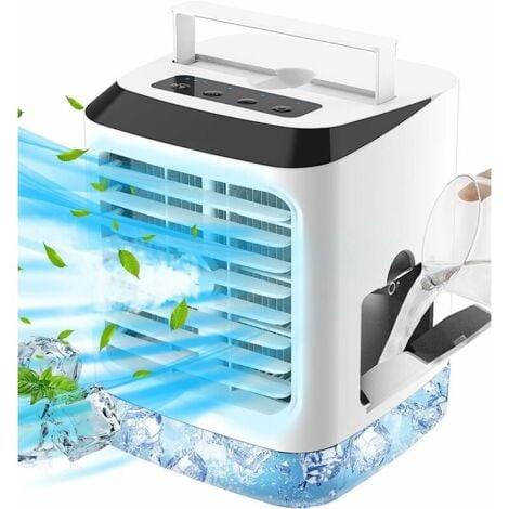 Mobile Klimaanlagen Mini Leiser Luftkühler, 4-in-1 tragbarer Klimaanlagenventilator mit Wasserkühlung, Luftbefeuchter, 3 Windgeschwindigkeiten und 7 LED-Farben