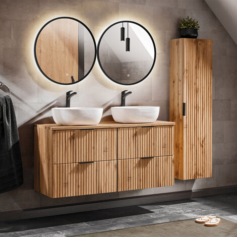 Mobile lavabo doppio da 120 cm con specchi a LED e mobiletto in legno Adriel