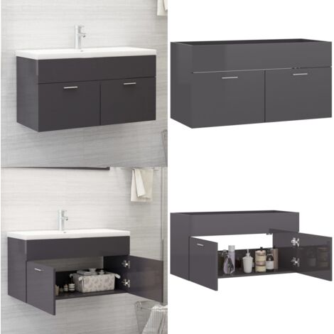 Mobile Lavabo Grigio Lucido 90x38,5x46 cm in Legno Multistrato - Mobile in legno multistrato - Lavabo mobile