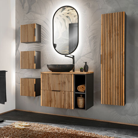 Mobile lavabo singolo 80cm 2 nicchie colonna specchio LED e 3 pensili Gaia Wood e Black - Lavabo nero