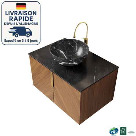 Mobile lavabo singolo - Sospeso - Piani di lavoro in pietra sinterizzata nera - Lavabo rotondo in ceramica con motivo in pietra - Venatura del legno espresso - C - 76 cm
