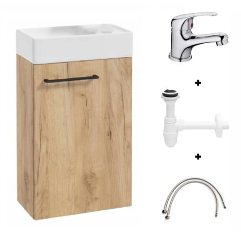 Mobile lavabo sospeso 40, rovere artigianale e rubinetto compatto cromato Small