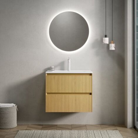 Mobile lavabo sospeso 61cm, lavabo in ceramica bianca, 2 cassetti, impiallacciatura legno