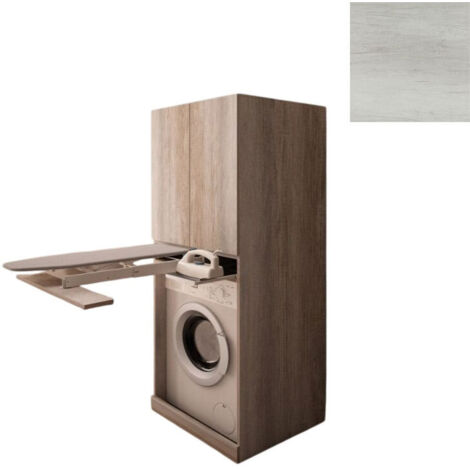Mobile Lavanderia a Colonna per Lavatrice con Asse da Stiro e Ante Superiori 70x70x174A cm in Nobilitato Unika Olmo Bianco