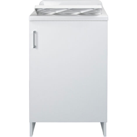 Mobile Lavatoio 1 Anta in Nobilitato 45x50x85 cm Vasca in PP con Asse in Resina e Kit di Scarico Bianco