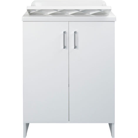 Mobile Lavatoio 2 Ante in Nobilitato 60x50x85 cm Vasca in PP con Asse in Resina e Kit di Scarico Bianco