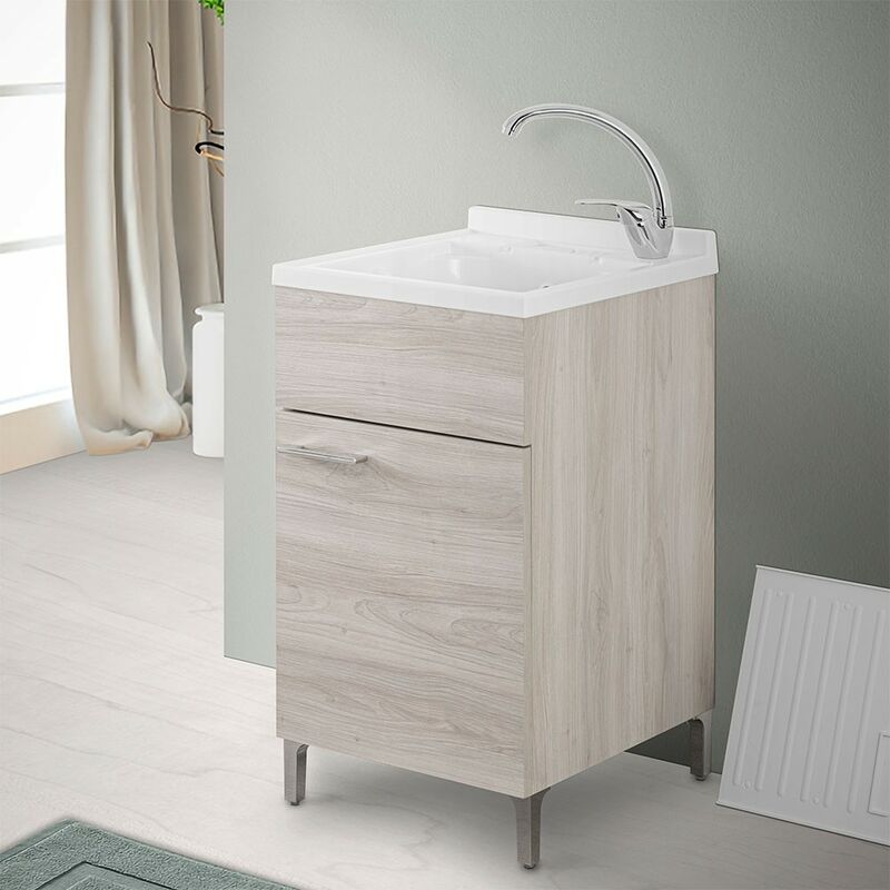 Image of Mobile lavatoio 45x50 cm 1 anta rovere grigio con vaschetta in resina
