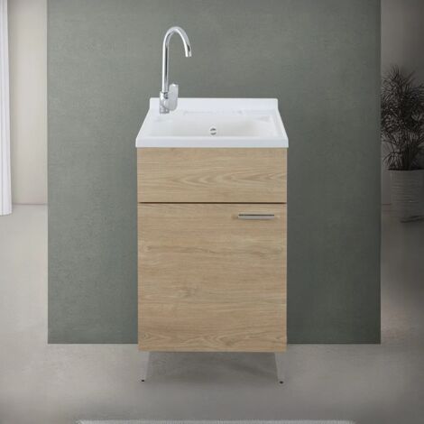 Mobile lavatoio 50x50 cm rovere con vasca in resina e asse lavapanni