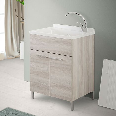 Mobile lavatoio 60x50 cm 2 ante rovere grigio con vasca in resina