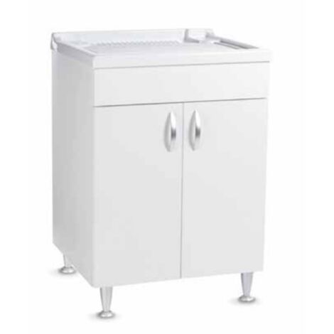 Mobile lavatoio 60x50 cm in legno Bianco a 2 ante con vasca in resina