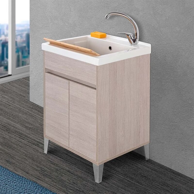Image of Mobile lavatoio 60x50 cm rovere chiaro con vasca in ceramica Way