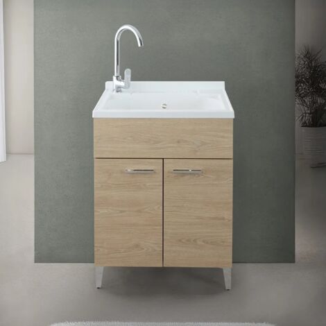 Mobile lavatoio 60x50 cm rovere con vasca in resina e asse lavapanni