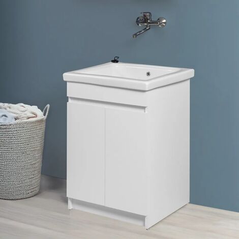 Mobile lavatoio 61x50 cm bianco opaco con vasca in ceramica e strofinatoio