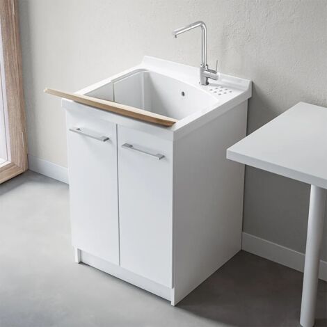 Mobile Lavanderia DOMINA 60x60cm In Legno Nobilitato - Per Lavatoio Ceramica/Resina, Bianco, Con Piedini Regolabili - Foto 4