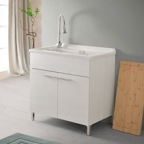 INBAGNO Mobile lavatoio 80x50 cm rovere bianco con vasca e kit di scarico