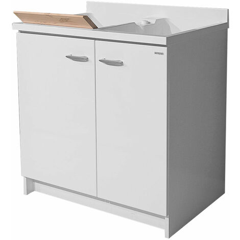 Mobile Lavatoio 80x60x85cm 2 Ante 2 Vasche Asse in Legno Montegrappa Marella Bianco con Cesto