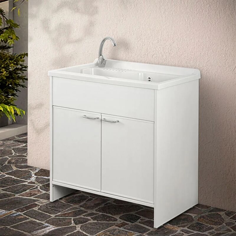 Mobile Lavatoio Esterno 80x50 Bianco Con Vasca In Resina