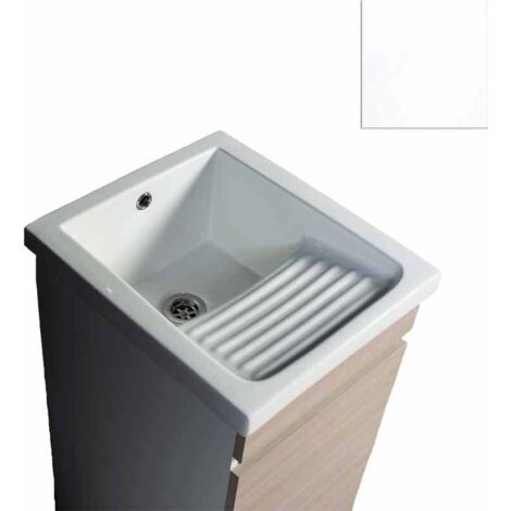 Mobile Lavatoio in Ceramica 1 Anta e Strofinatoio Integrato 45x50x86A cm Bianco Opaco