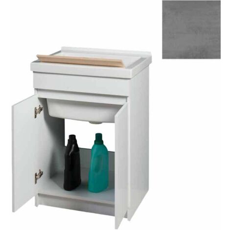Mobile Lavatoio in Ceramica 2 Ante con Strofinatoio in Legno Massello 60x50x86A cm Grigio Cemento