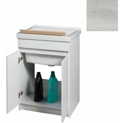 Mobile Lavatoio in Ceramica 2 Ante con Strofinatoio in Legno Massello 60x50x86A cm Olmo Bianco