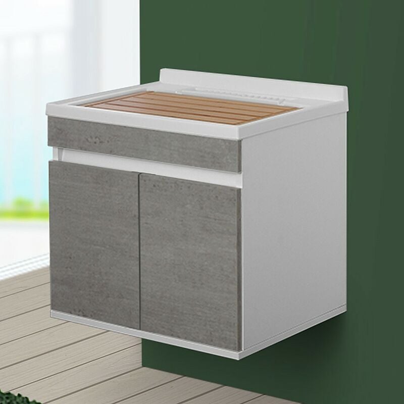 Mobile Lavatoio Moderno Grigio 50x50 Completo di Vasca in Resina E ASSE in Legno