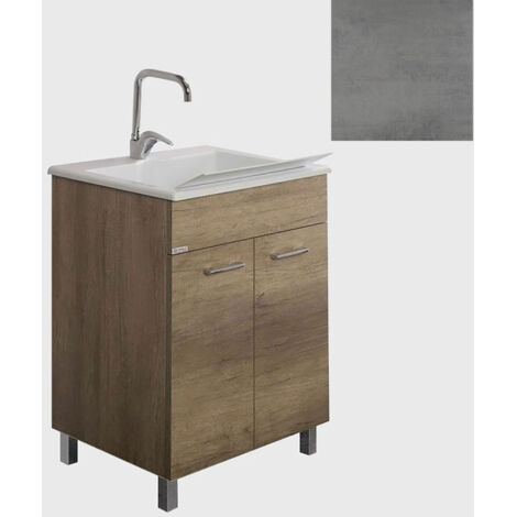 Mobile Lavatoio Vasca Zeus in MineralMarmo Apertura a 2 Ante 60x46x84 cm Grigio Cemento