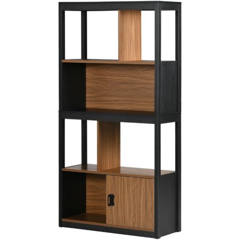 Mobile Libreria  4 Livelli Aperti con Armadietto 76.5x30x150 cm in Truciolato e MDF Marrone e Nero