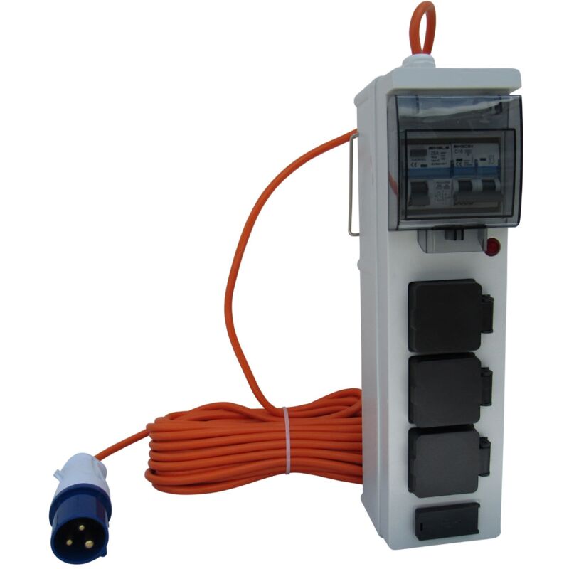 Mobile Mains Hook Up 15M Cable With 3 Plug Sockets 2 USB Ports - Caravan Camping